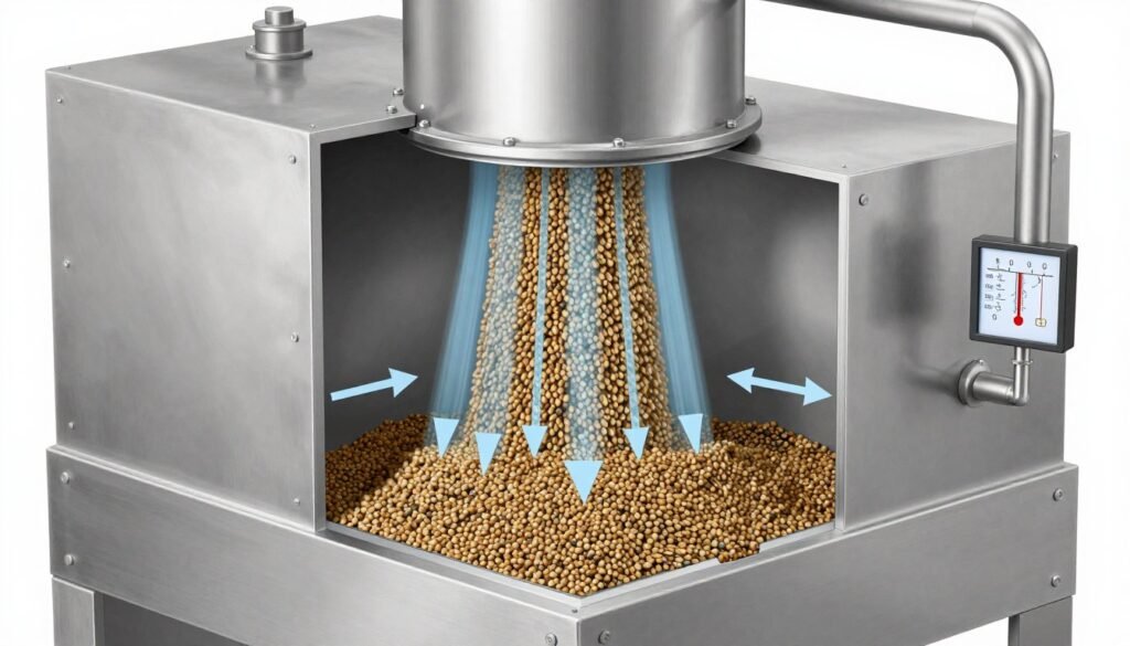 Counter-flow pellet cooler processing aquatic feed with air distribution system Counter-flow pellet cooler processing aquatic feed with air distribution system