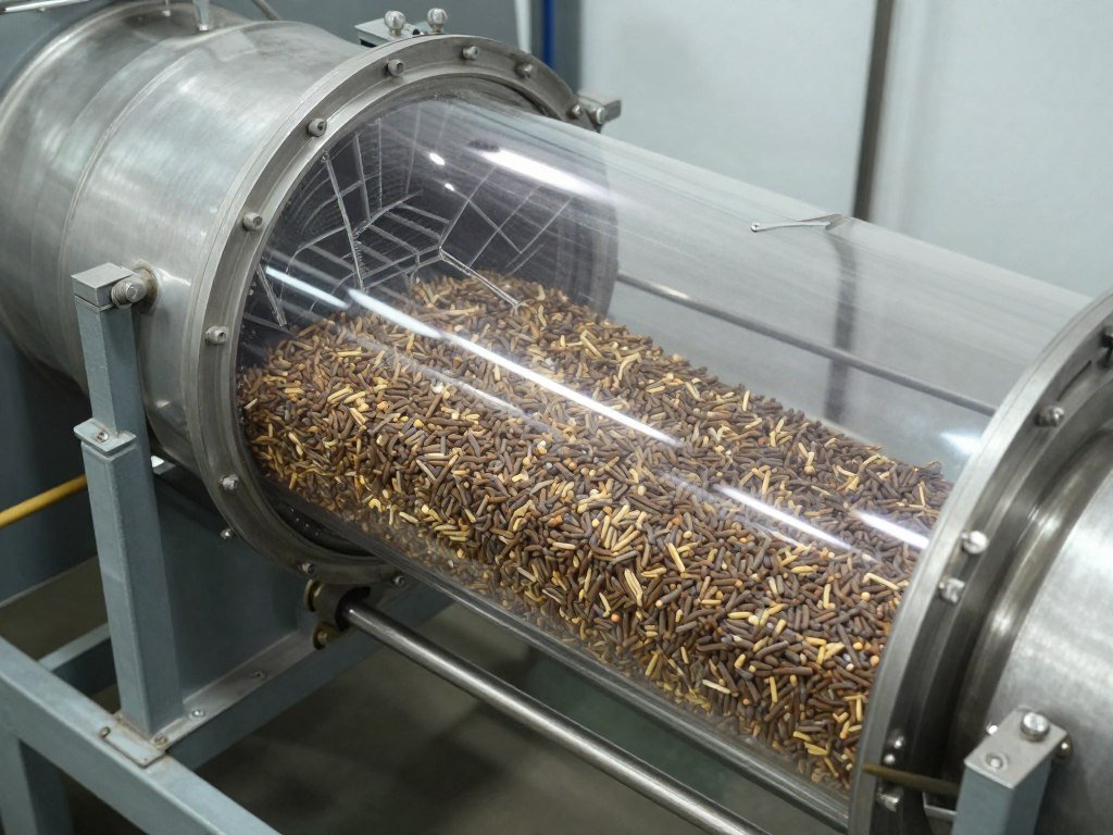 Counterflow cooler for biomass pellets showing air distribution system Counterflow cooler for biomass pellets showing air distribution system