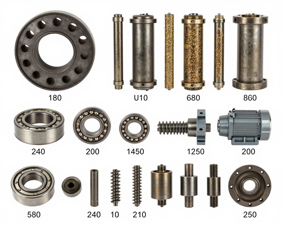 Critical spare parts for cattle feed pellet mill including ring die, rollers, bearings and motor components with UK warehouse organization