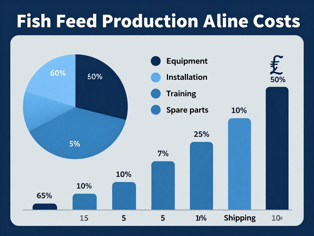 Detailed infographic showing fish feed production line price breakdown components including equipment, installation, and operational costs