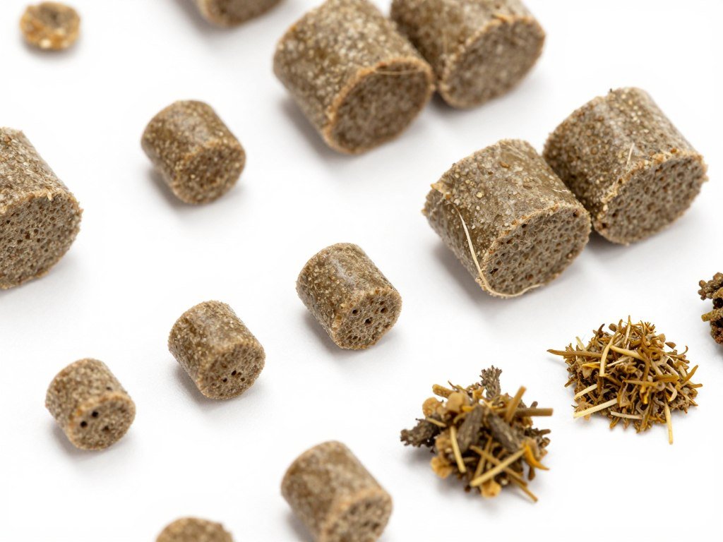 Different cattle feed pellet types showing size variations and quality for dairy and beef cattle