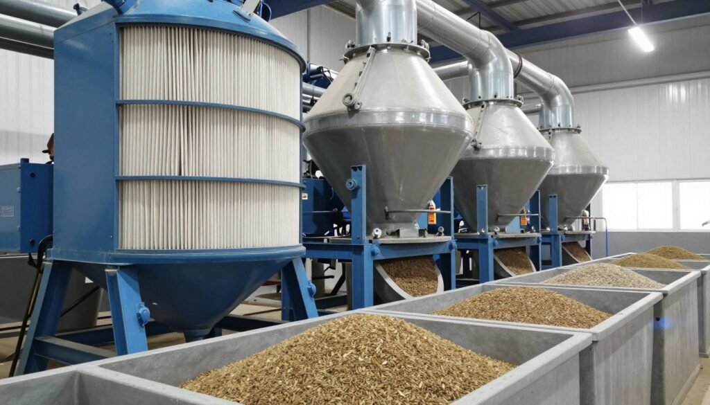 Dust collection system recovering fine particles for reprocessing Dust collection system recovering fine particles for reprocessing