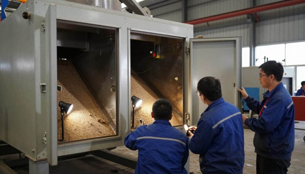 Emergency repair work on stopped cattle feed production line showing maintenance crew Emergency repair work on stopped cattle feed production line showing maintenance crew
