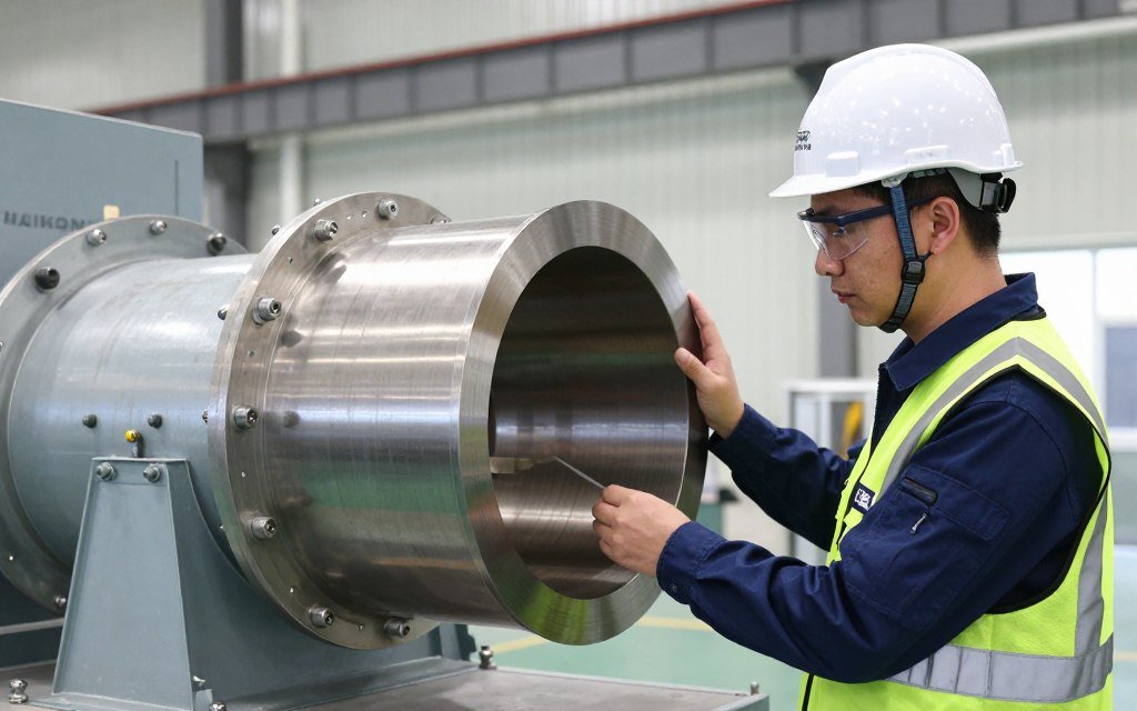 Engineer inspecting cattle feed production line equipment during quality control check Engineer inspecting cattle feed production line equipment during quality control check