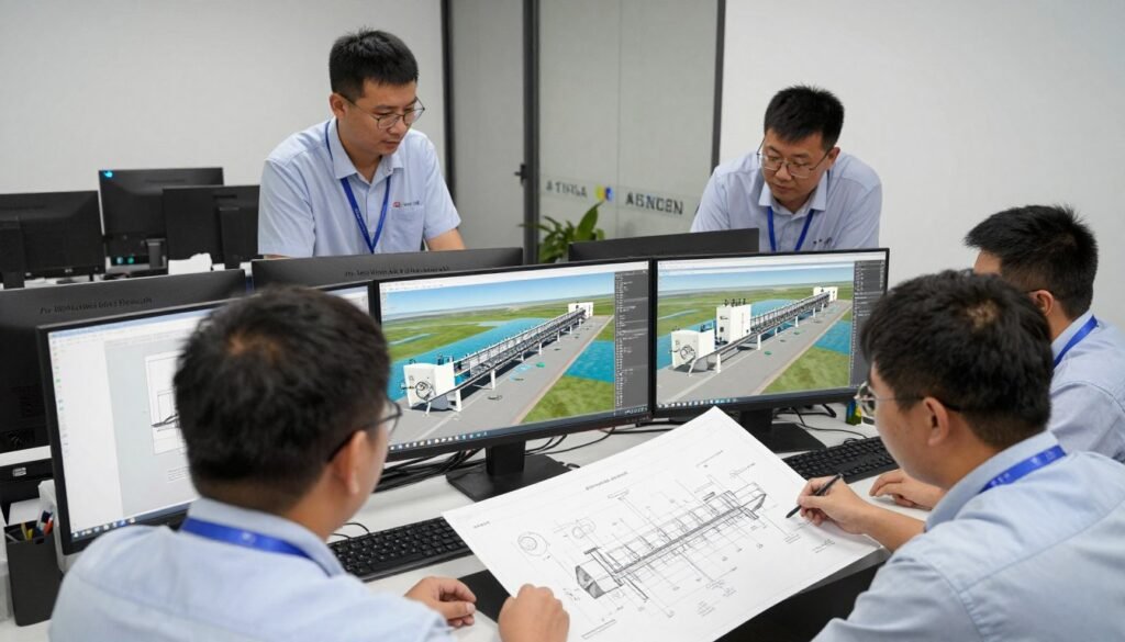 Engineering team reviewing custom aquatic feed line design plans Engineering team reviewing custom aquatic feed line design plans