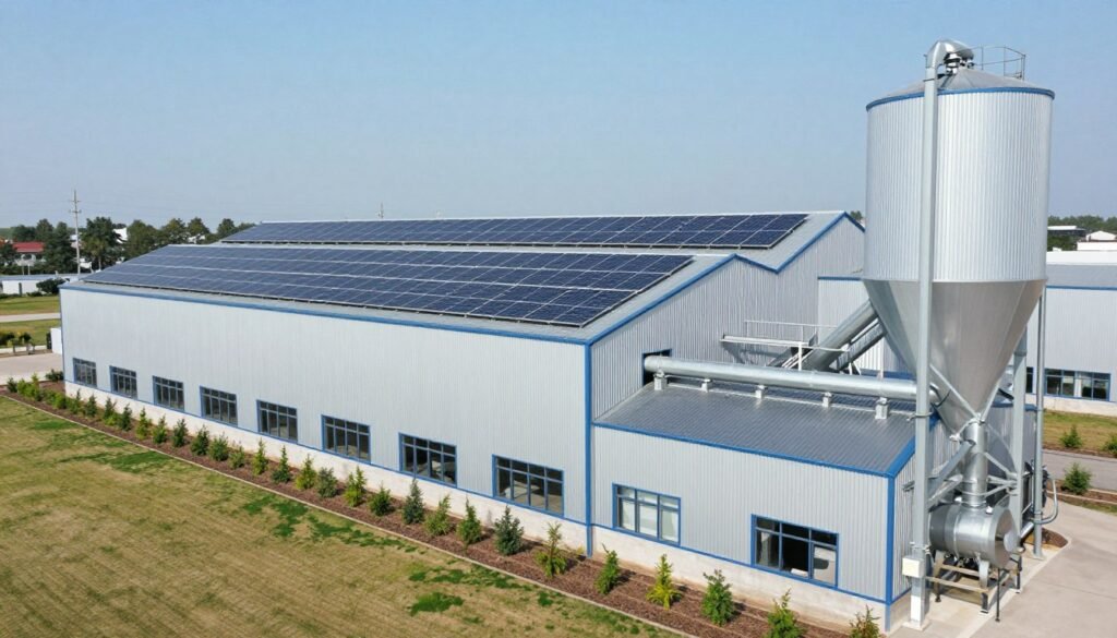Environmentally sustainable feed production with solar panels and waste reduction systems
