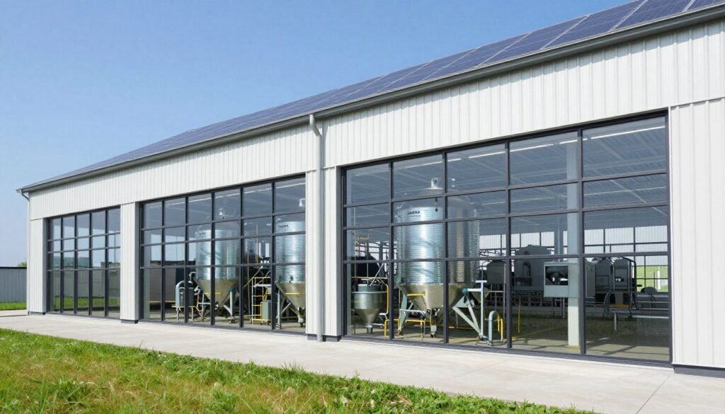 European feed production line installation showing modern facility with MAIKONG equipment