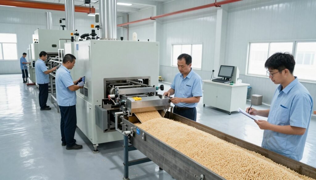 Factory floor showing biomass pellet production line manufacturing and quality testing Factory floor showing biomass pellet production line manufacturing and quality testing
