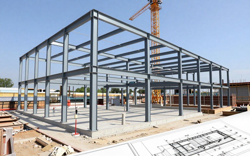 Feed mill building under construction showing structural steel framework