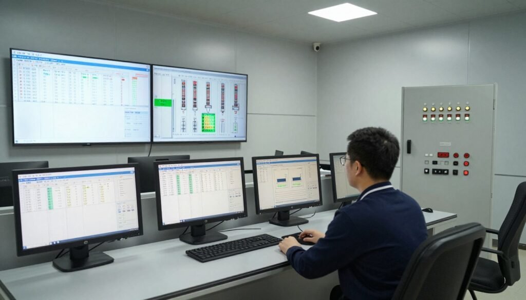Feed mill control room with computer monitoring systems