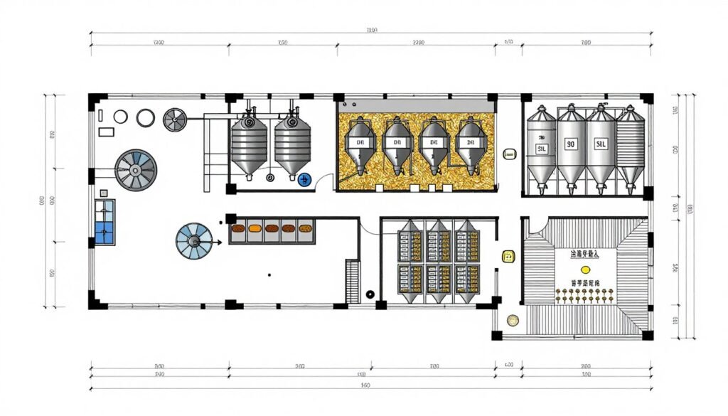 Feed mill facility layout showing equipment arrangement