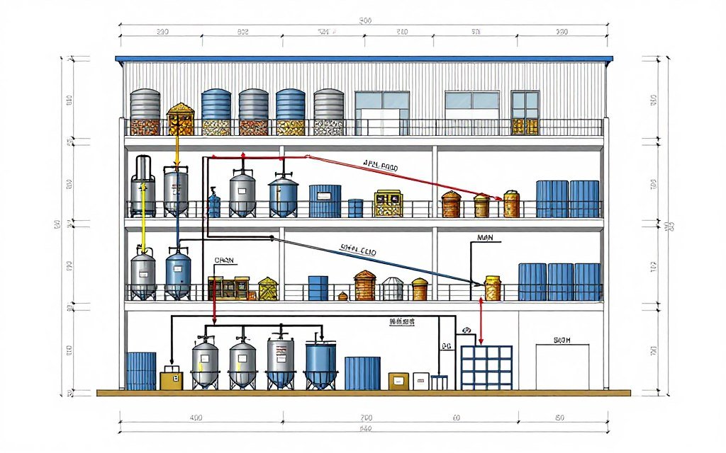 Feed mill flow diagram showing vertical processing arrangement