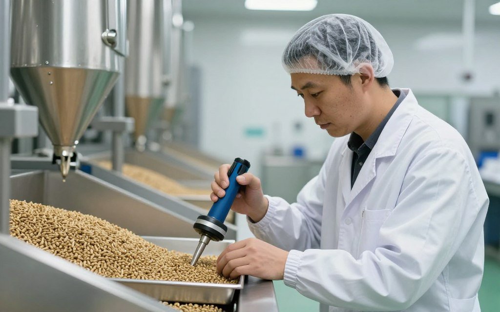 Feed mill operator inspecting pellet quality