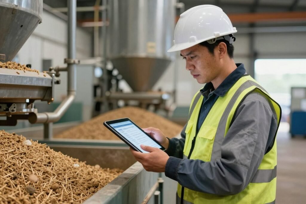 Feed mill operator reviewing troubleshooting documentation on tablet device Feed mill operator reviewing troubleshooting documentation on tablet device