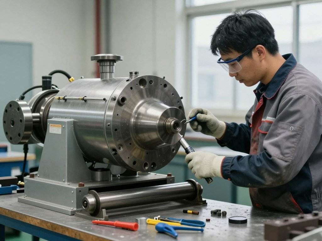 Feed mill technician performing maintenance on pellet mill equipment