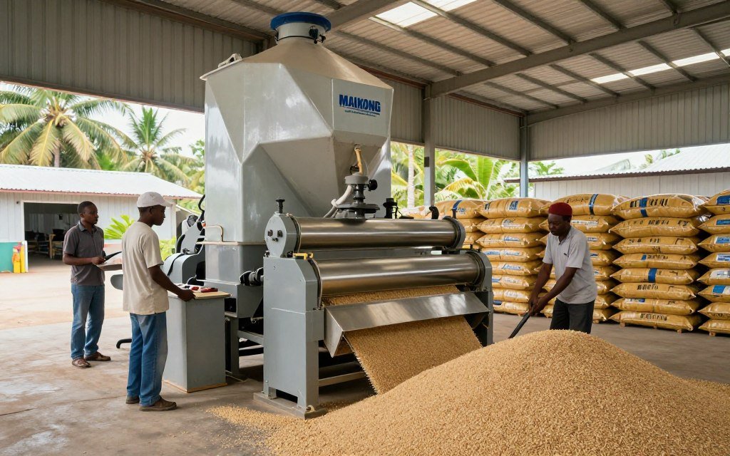 Feed pellet production facility in Kenya showing local operators working with MAIKONG equipment and bagged feed products