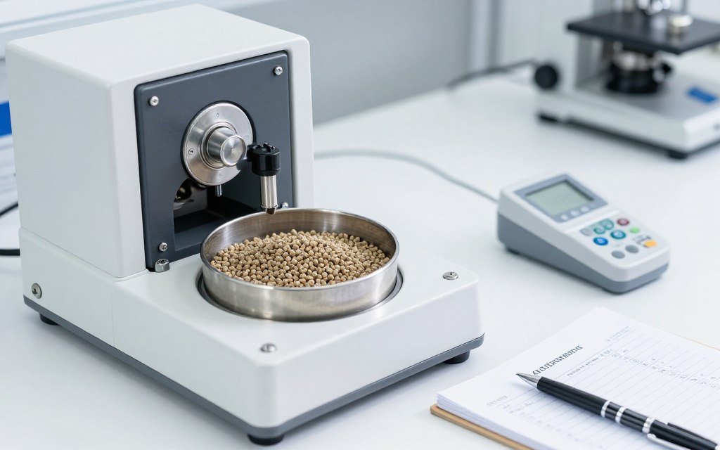 Feed pellet quality testing and analysis showing durability and consistency measurement Feed pellet quality testing and analysis showing durability and consistency measurement