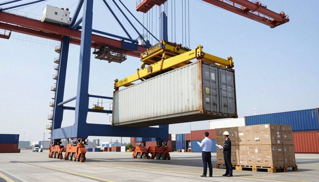 Feed production equipment being loaded for international shipment
