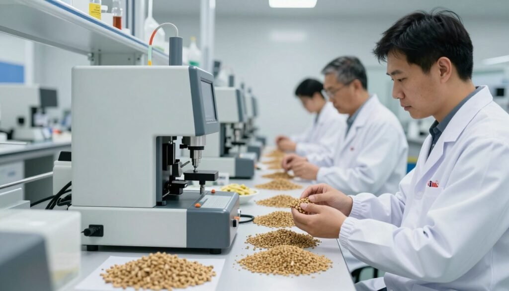 Feed production line manufacturer facility showing quality control and testing area