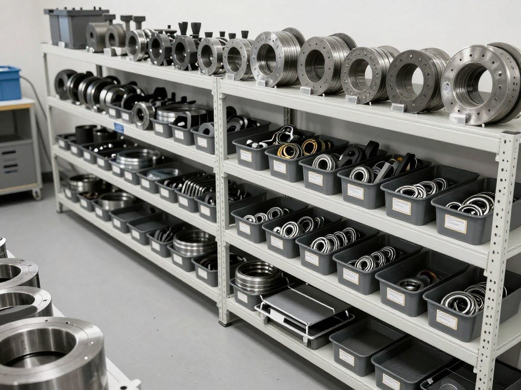 Feed production line spare parts including dies, hammers, and bearings organized in storage
