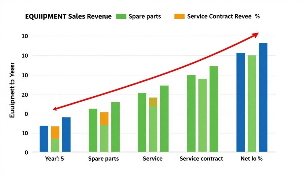 Financial projection chart showing distributor revenue growth and margin development over five year period for UK cattle feed equipment market