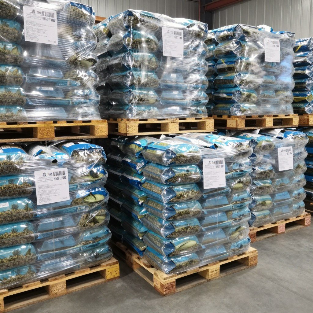 Finished pallets of bagged aquatic feed ready for shipping Finished pallets of bagged aquatic feed ready for shipping