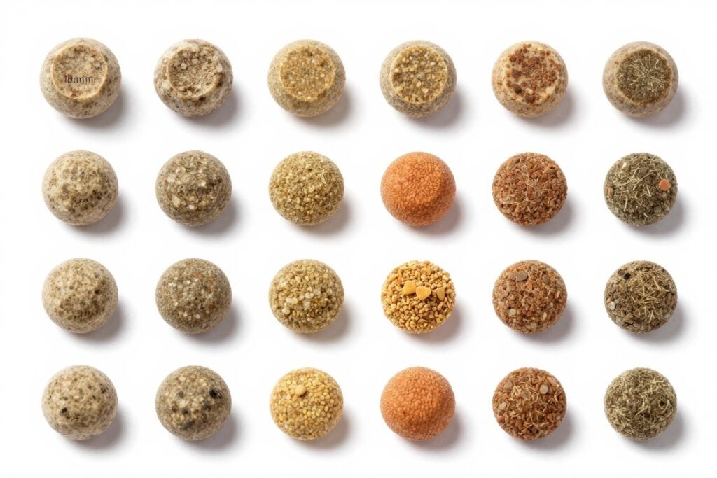 Fish feed pellets different sizes