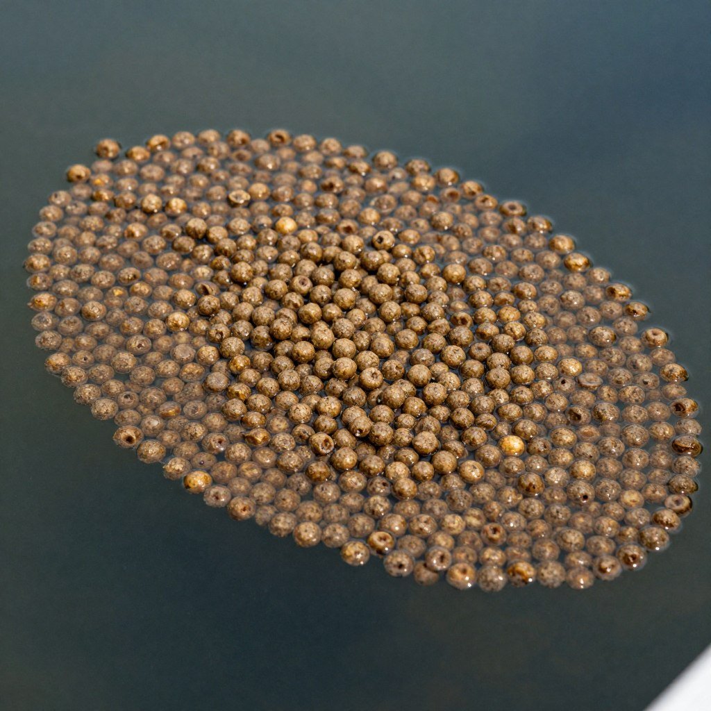 Floating fish feed pellets on water surface
