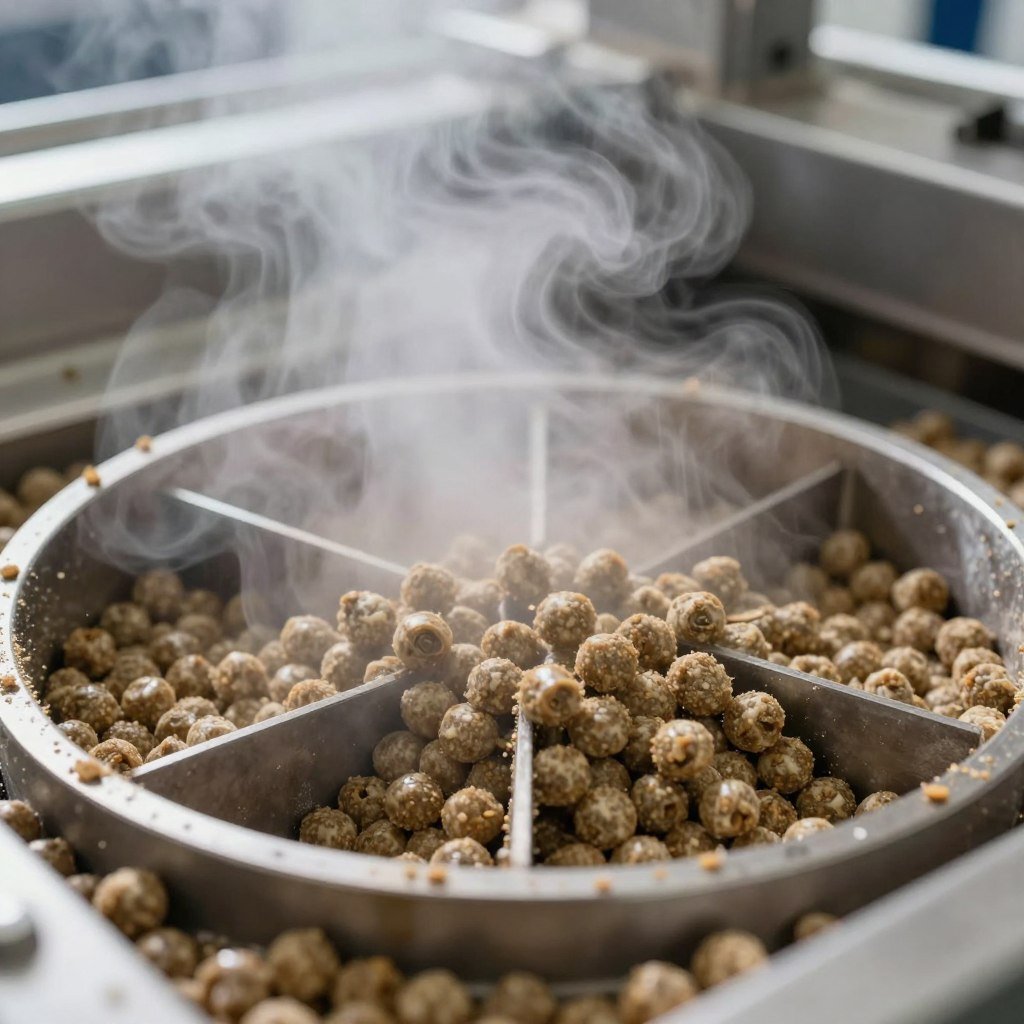 Freshly extruded aquatic feed pellets emerging from die Freshly extruded aquatic feed pellets emerging from die