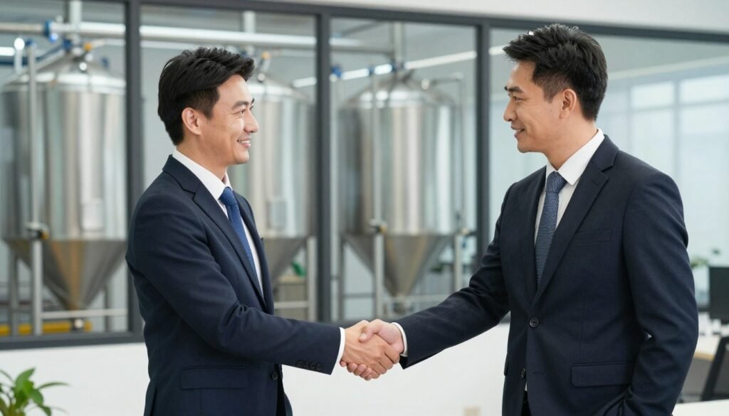 Handshake between MAIKONG representative and UK business partner with feed production equipment in background