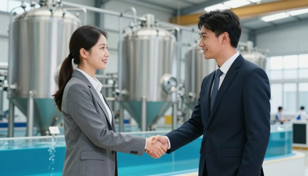 Handshake between business partners with aquatic feed production equipment in background Handshake between business partners with aquatic feed production equipment in background