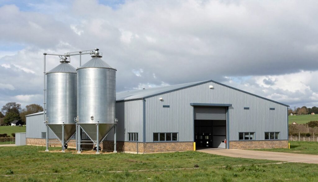 Hertfordshire cattle feed mill facility exterior showing modern agricultural building Hertfordshire cattle feed mill facility exterior showing modern agricultural building