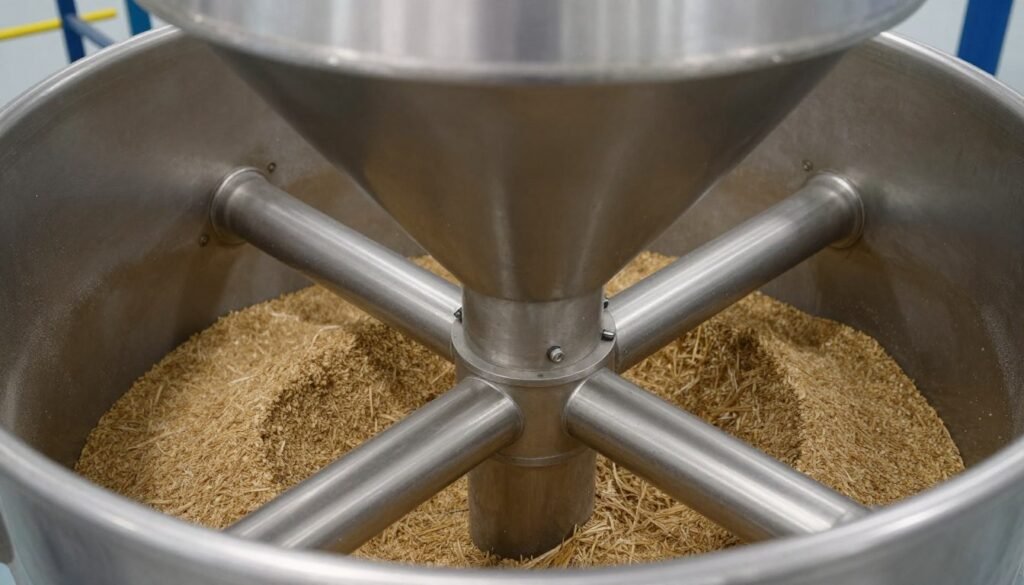 Industrial feed mixer showing interior paddle mechanism