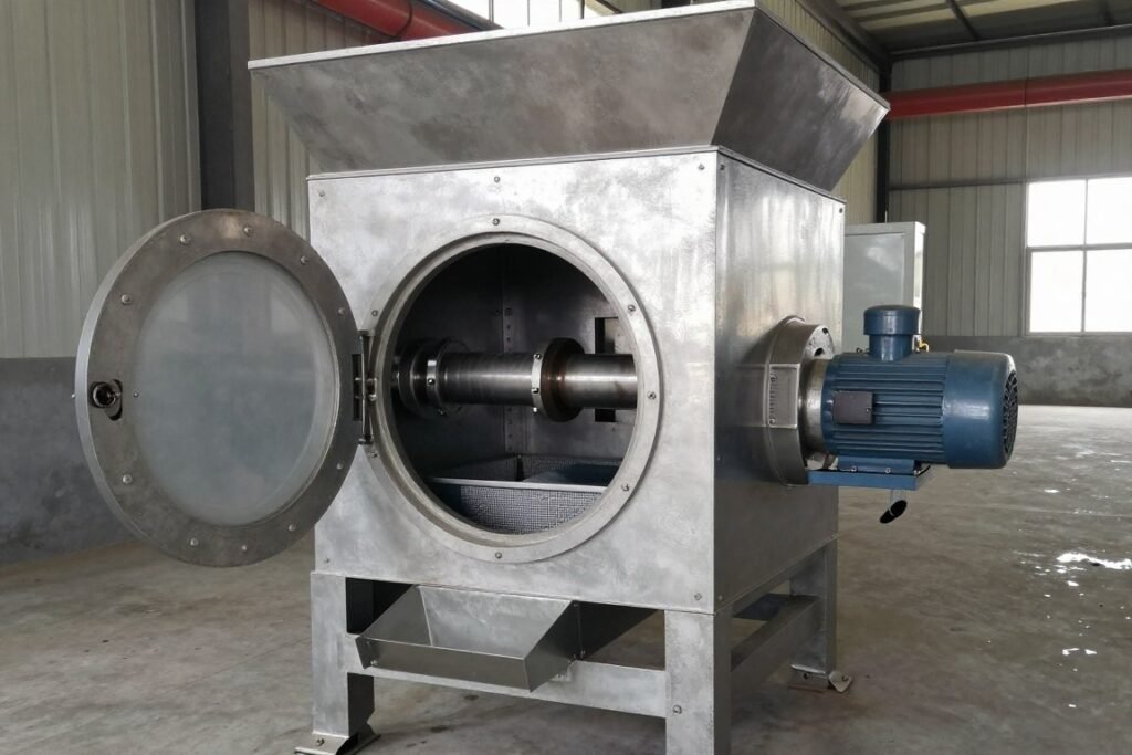 Industrial hammer mill for fish feed grinding with inspection door open showing internal hammers and screens