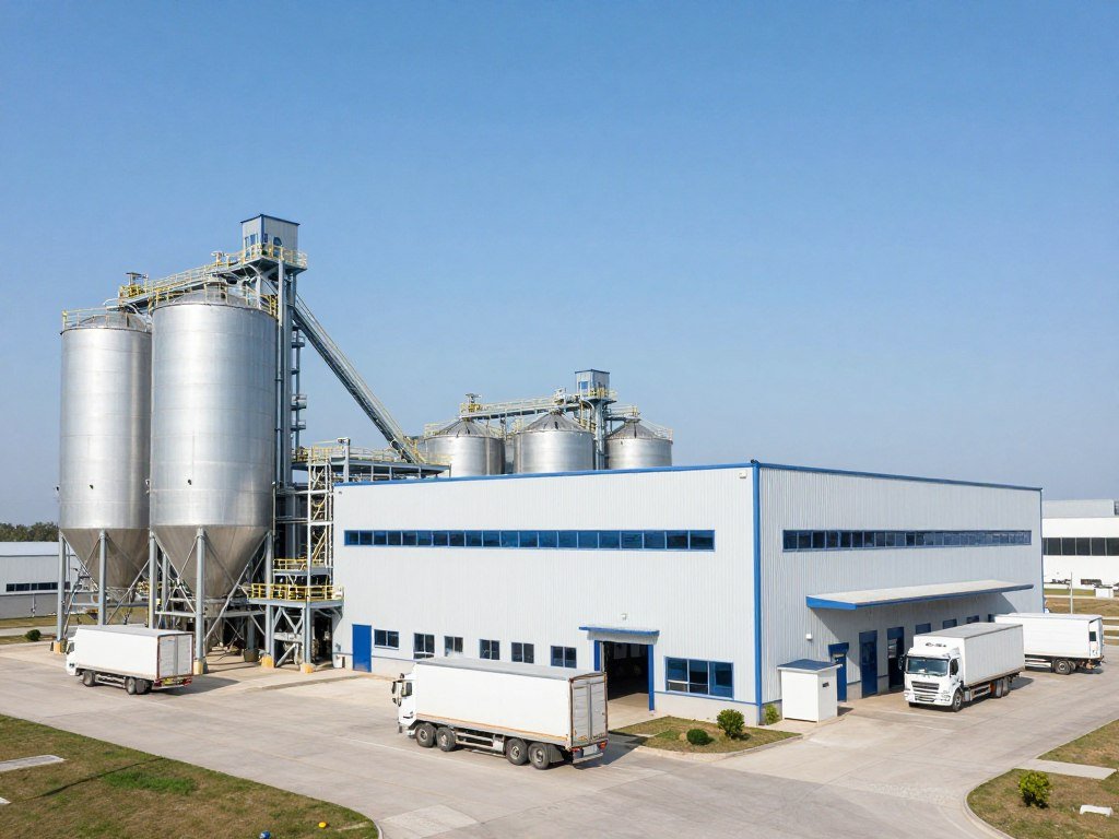 Industrial large-scale aquatic feed production facility exterior view Industrial large-scale aquatic feed production facility exterior view