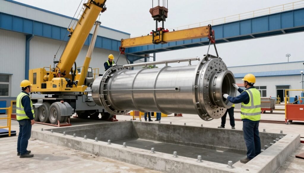 Installation crew assembling aquatic feed production line equipment on prepared foundation Installation crew assembling aquatic feed production line equipment on prepared foundation