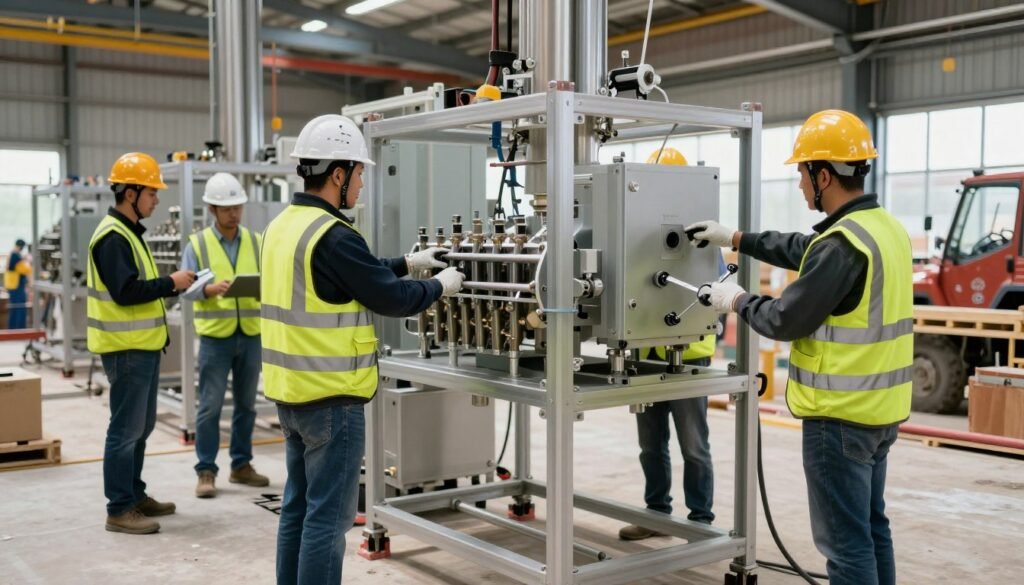 Installation crew working on feed production equipment assembly