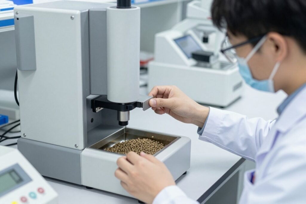 Laboratory technician performing pellet durability testing Laboratory technician performing pellet durability testing