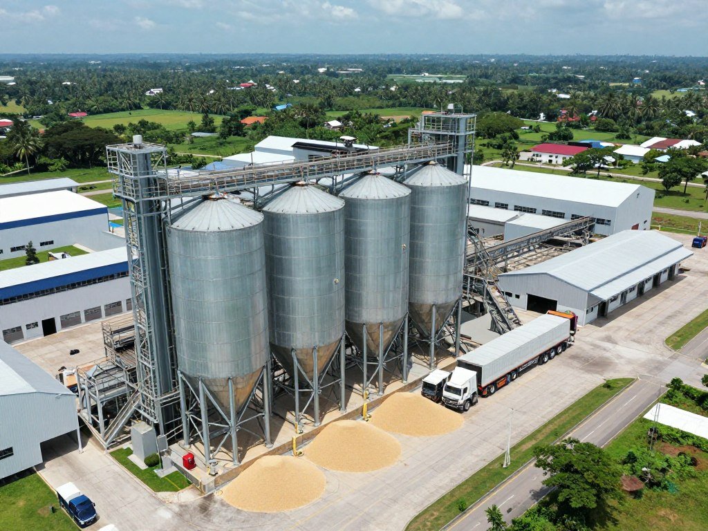 Large Malaysian poultry feed mill with modern silos