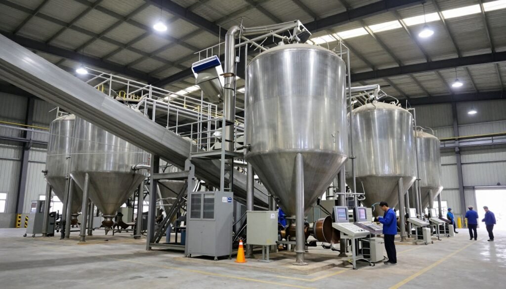 Large capacity pellet production line in commercial feed mill showing industrial scale equipment