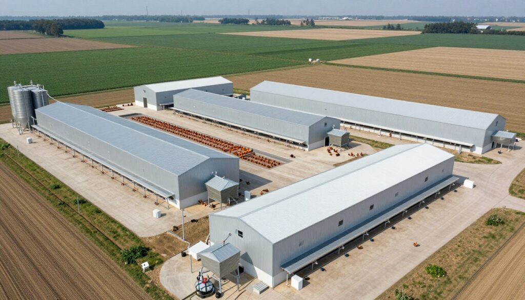 Large commercial poultry farm with automated feeding systems