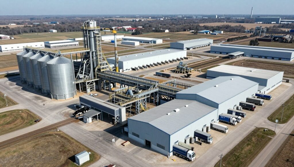 Large industrial cattle feed manufacturing plant with multiple production lines