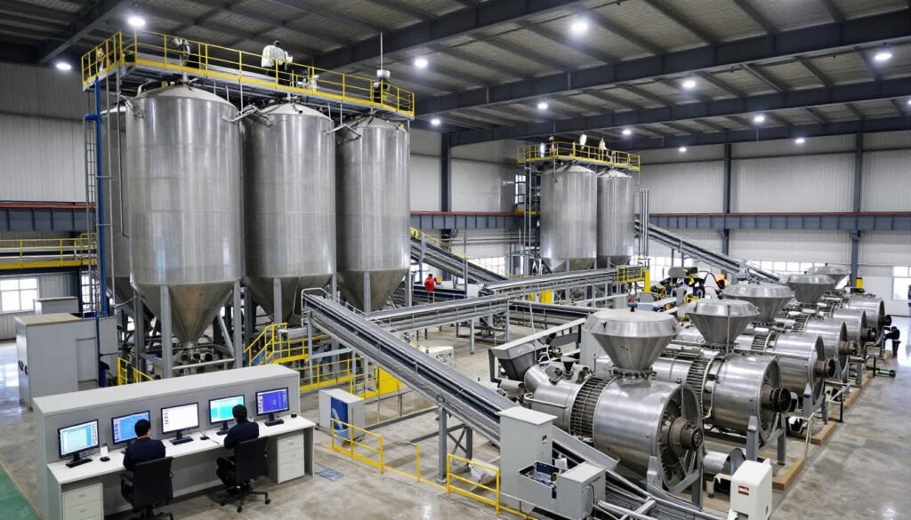Large industrial feed mill with multiple production lines and automated controls