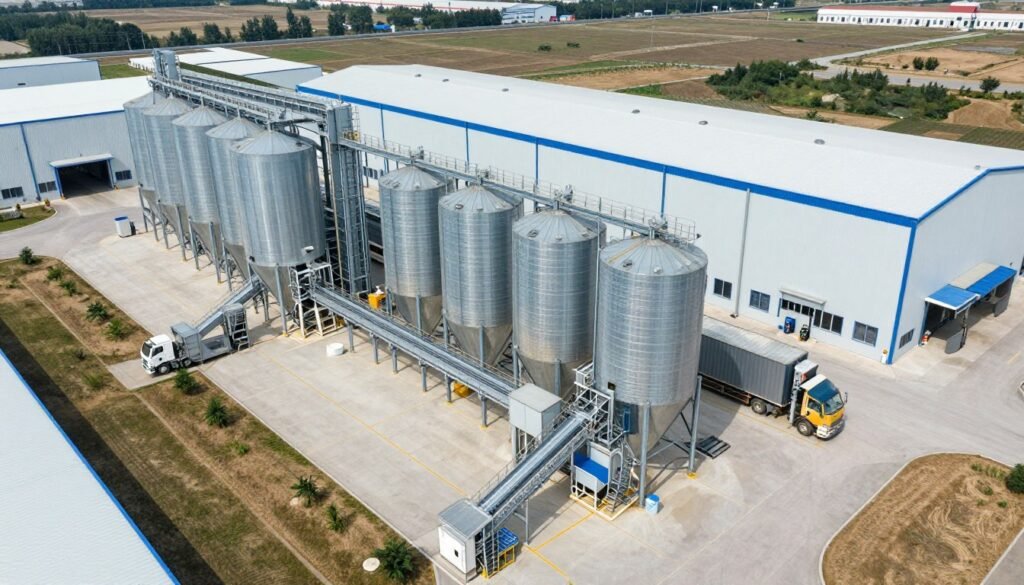 Large-scale commercial chicken feed production facility layout