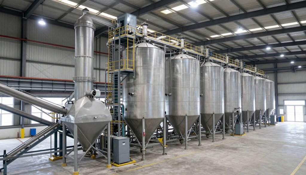 Large-scale shrimp feed production facility in Vietnam with multiple production lines