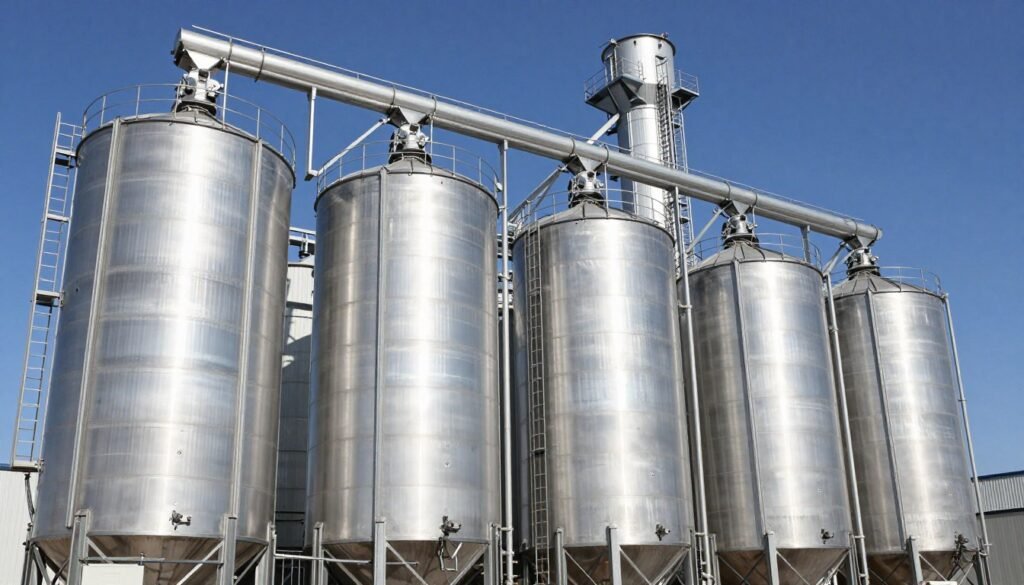 Large steel silos for feed raw material storage