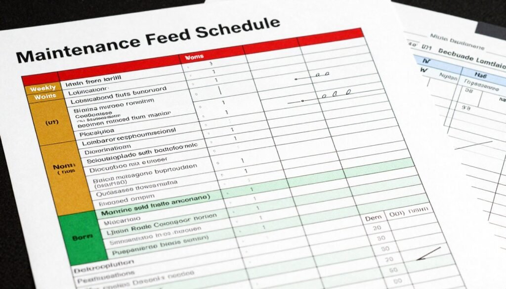 Lubrication schedule chart and maintenance log for cattle feed pellet production line showing British measurement standards
