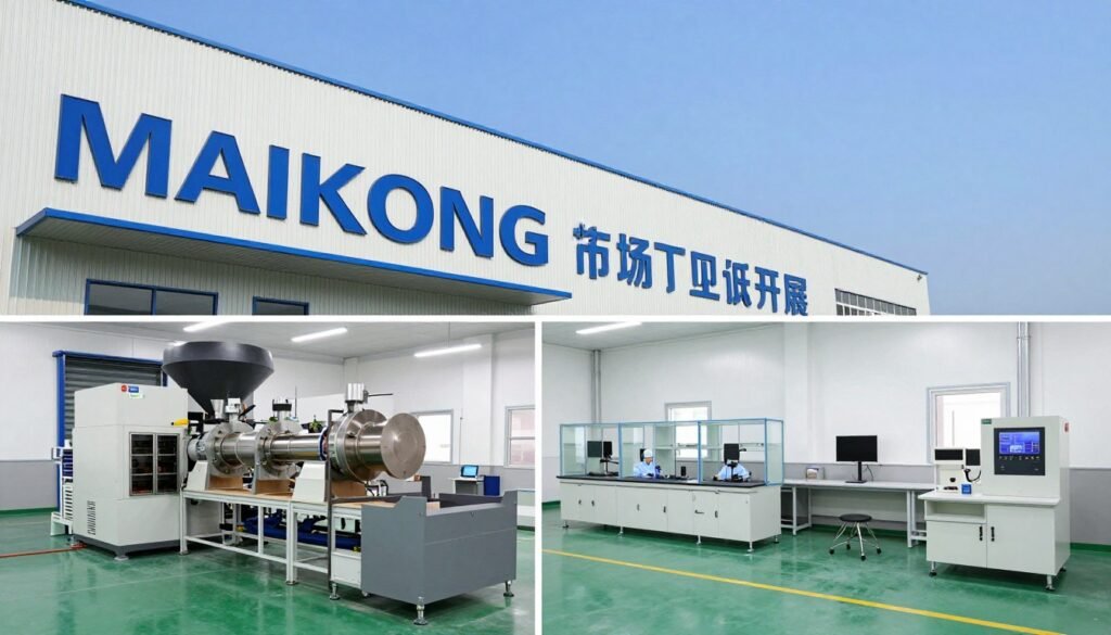 MAIKONG headquarters and manufacturing facility showing modern production equipment and quality control laboratory