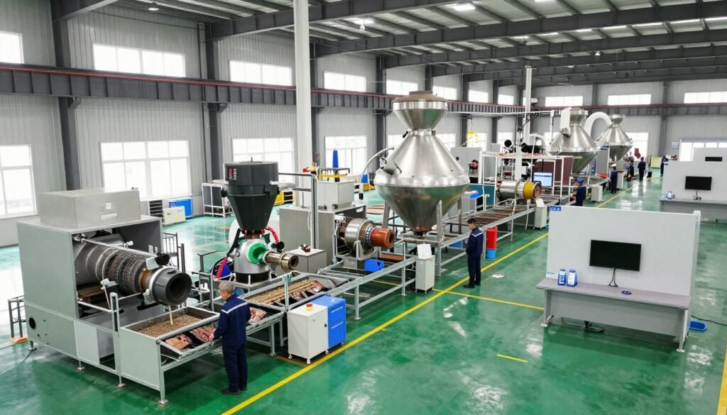 MAIKONG manufacturing facility showing production floor with feed equipment