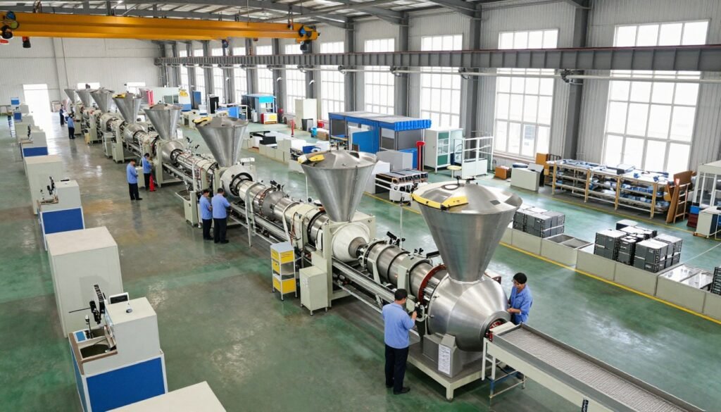 MAIKONG production floor showing multiple animal feed pellet production line systems being assembled simultaneously